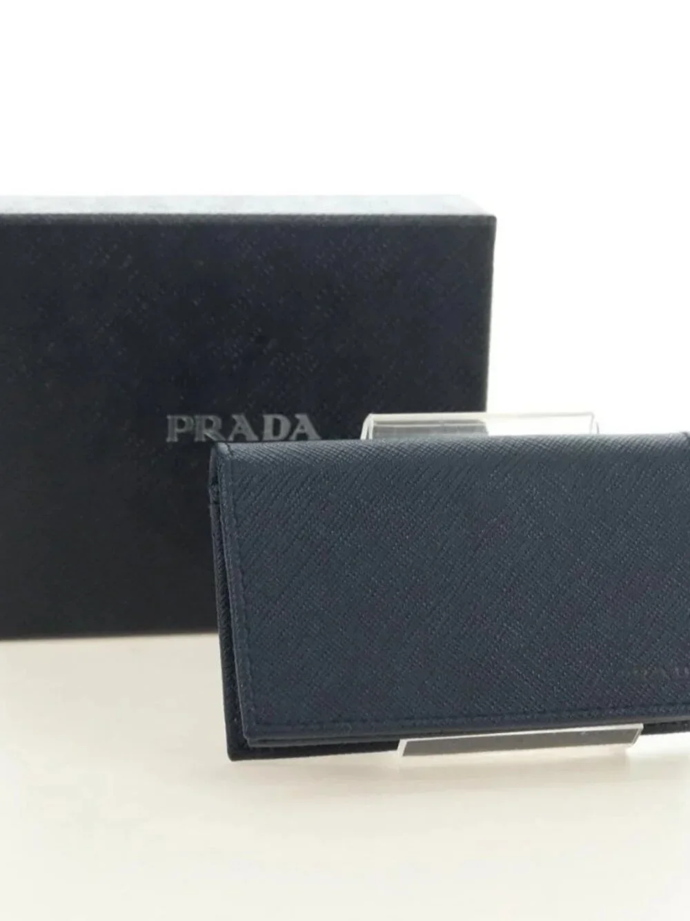 PRADA Card Case Safiano leather Navy Silver 2MC122 Auth